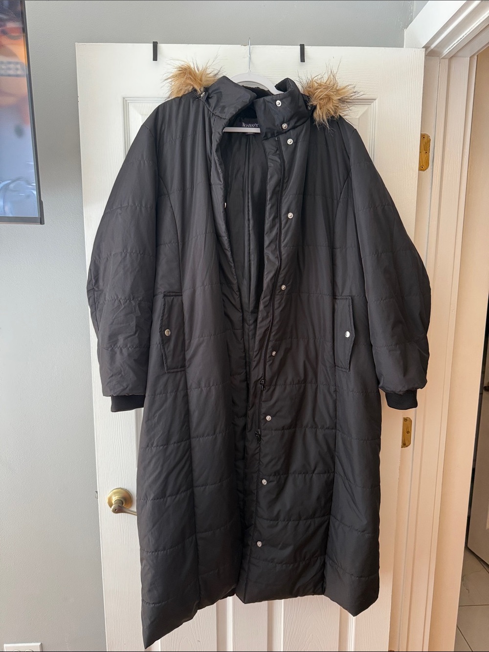 Roaman's Long Puffer Coat with Faux Fur Hood